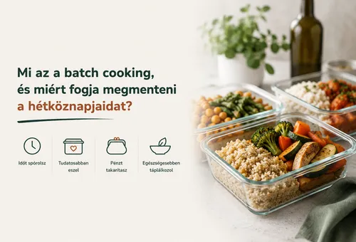 Üvegdobozokban adagolt batch cooking ételek gabonával, zöldséggel és fehérjével