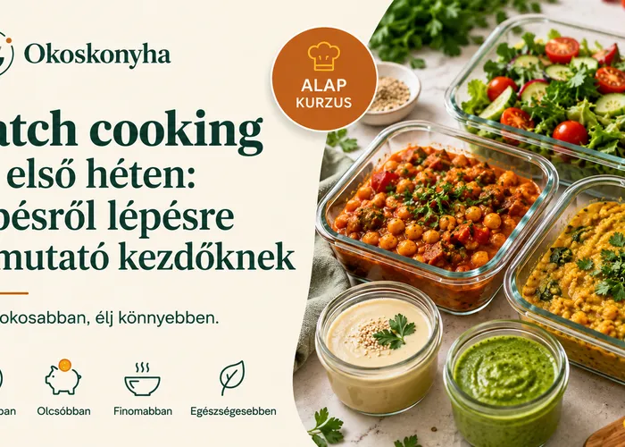 Okoskonyha borítókép a batch cooking első hetes útmutatóhoz: üvegdobozokban csicseriborsós és lencseragu, friss saláta, tahinis és zöld szósz