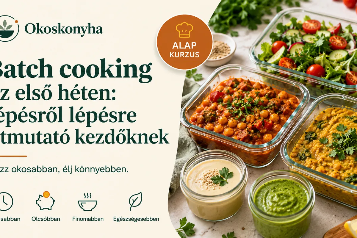 Okoskonyha borítókép a batch cooking első hetes útmutatóhoz: üvegdobozokban csicseriborsós és lencseragu, friss saláta, tahinis és zöld szósz