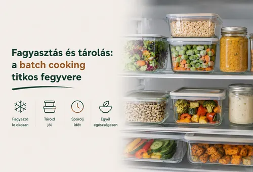 Hűtőben rendezett, felcímkézett üvegdobozok zöldséggel, gabonával és szósszal