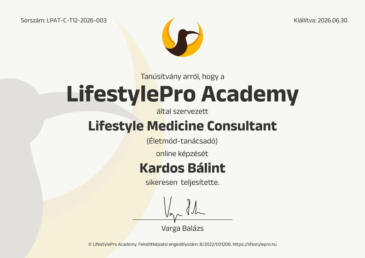 Lifestyle Medicine Consultant (Életmód-tanácsadó) tanúsítvány, Kardos Bálint nevére kiállítva