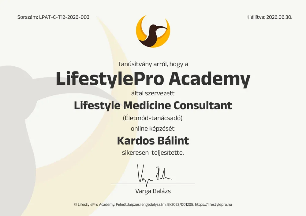 Lifestyle Medicine Consultant (Életmód-tanácsadó) tanúsítvány, Kardos Bálint nevére kiállítva