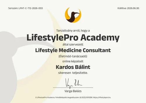 Lifestyle Medicine Consultant (Életmód-tanácsadó) tanúsítvány, Kardos Bálint nevére kiállítva