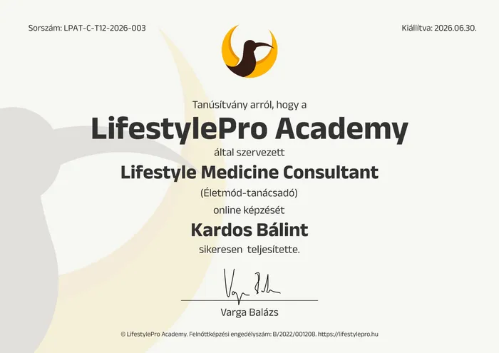 Lifestyle Medicine Consultant (Életmód-tanácsadó) tanúsítvány, Kardos Bálint nevére kiállítva